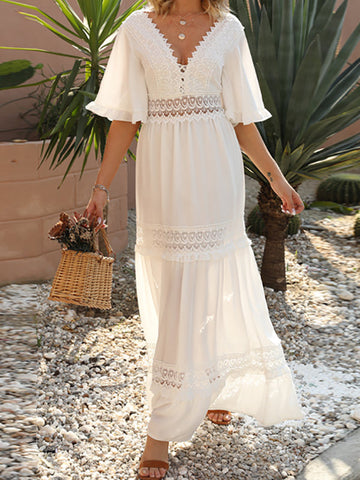 Woochic robe longue avce dentelle volantée v-cou élégant invité mariage manches au coude Blanche S